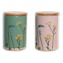 Tin DKD Home Decor 11,5 x 11,5 x 17,5 cm Floral Pink Green Bamboo Stoneware...