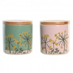 Tin DKD Home Decor 11,5 x 11,5 x 12 cm Floral Pink Green Bamboo Stoneware...